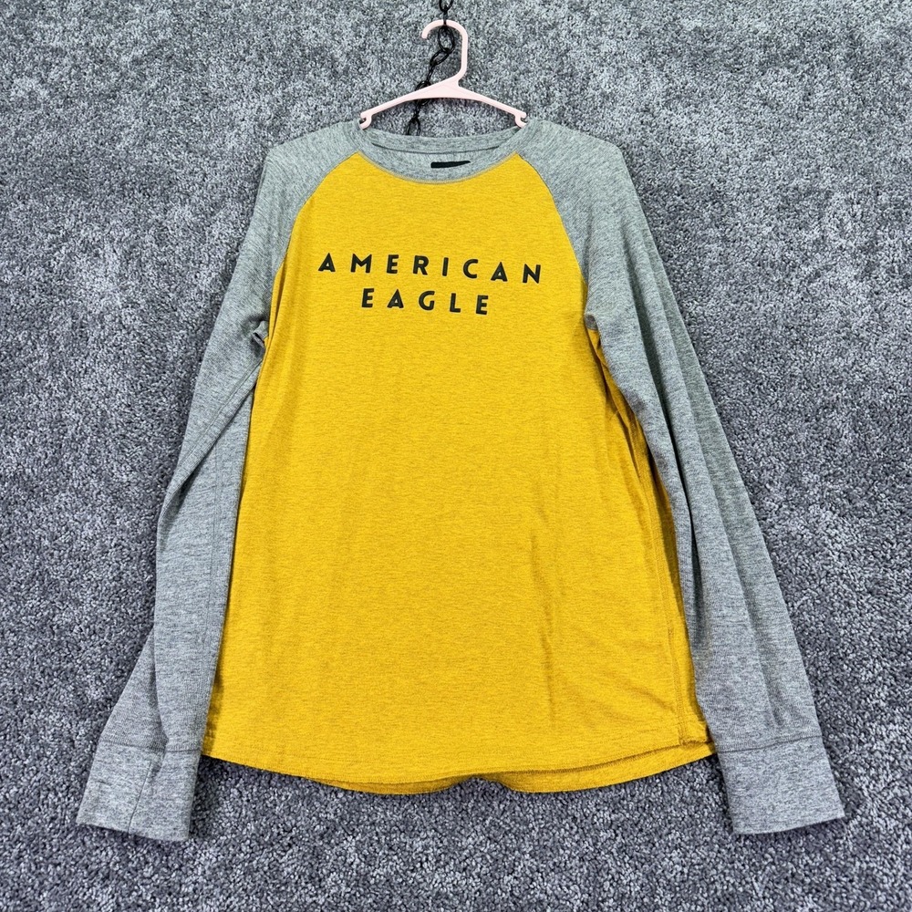 American Eagle Outfitters Shirt Mens Medium Yellow Raglan Logo Long Sleeve Tee